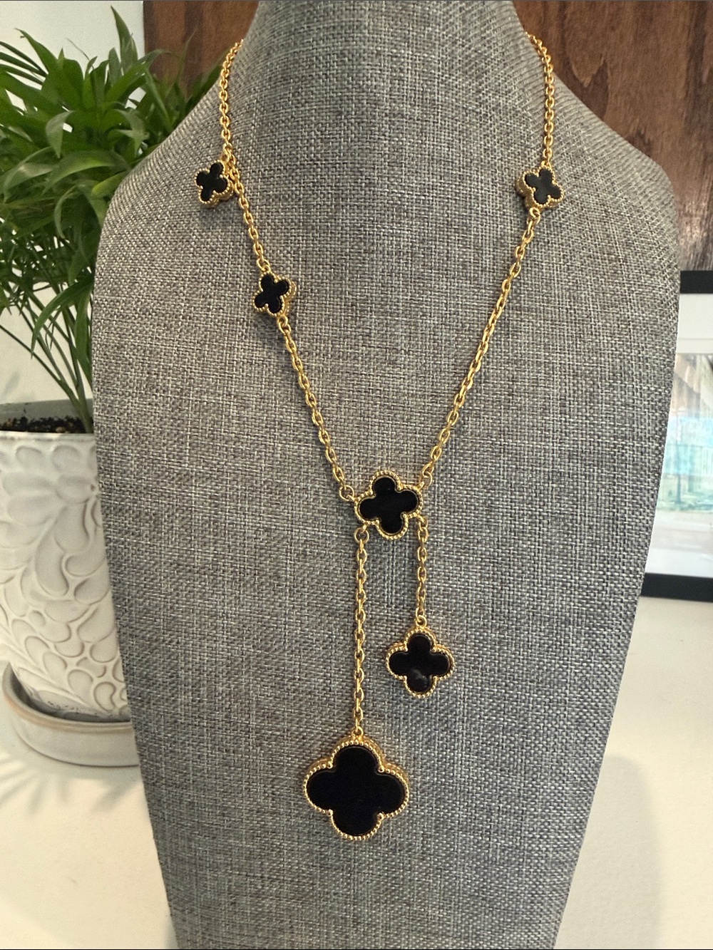 Gold Tone Black Clover Y Lariat Necklace | Quatrefoil Statement Jewelry